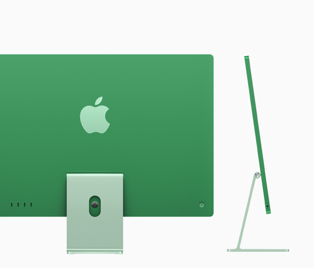 Imagem da parte de trás de um iMac verde, com destaque para as quatro portas USB-C