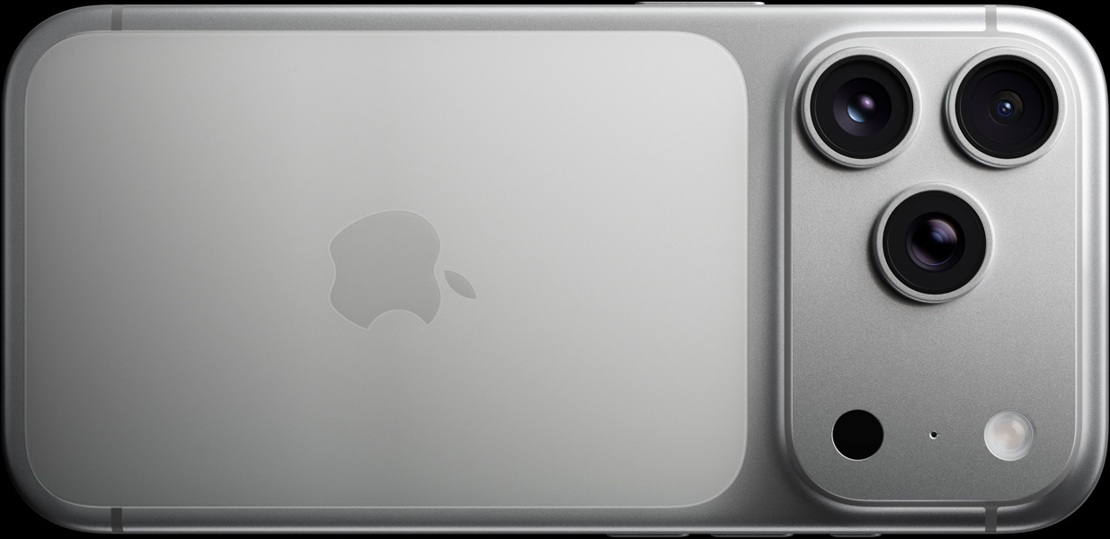iPhone 17 Pro, hopeanvärinen, taustapuoli, Pro Fusion ‑kamerajärjestelmä, 3 linssiä, mikrofoni, salama