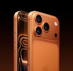 iPhone 17 Pro, värinä kosminen oranssi, taustapuoli viistosti kuvattuna, Pro Fusion ‑kamerajärjestelmä yläosan korotetussa kohdassa, Kamerasäädin, etupuoli, täysnäyttö, toiminto- ja äänenvoimakkuuspainikkeet