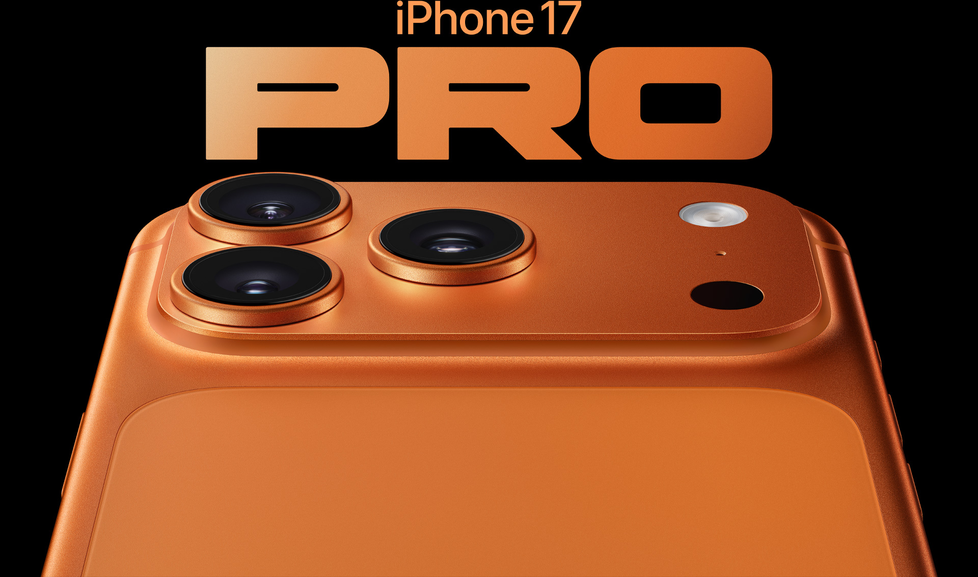 iPhone 17 Pro, Oranye  Kosmik, sebagian eksterior belakang, sistem kamera Pro di sudut kiri atas, 3 lensa, mikrofon, flash