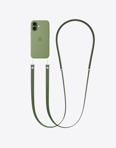 그린 색상 케이스를 씌우고, 그린 색상 크로스바디 스트랩을 연결한 iPhone 17의 뒷면