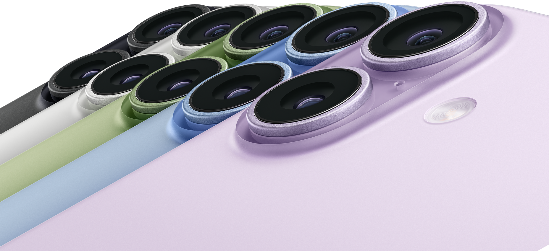 왼쪽 상단의 Fusion 카메라를 보여주는 블랙, 화이트, 세이지, 미스트 블루, 라벤더의 다섯 가지 색상 iPhone 17 뒷면