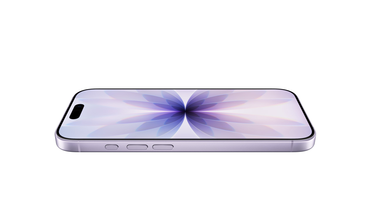 iPhone 17, face avant avant avec Ceramic Shield, vue latérale, couleur lavande, bouton Action, boutons de réglage du volume, Dynamic Island dans la partie centrale supérieure