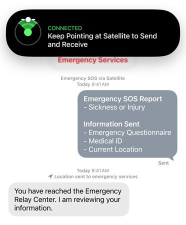 Funcionalidade SOS emergência por satélite em utilização, a contactar os serviços de emergência para pedir assistência para uma pessoa doente ou ferida