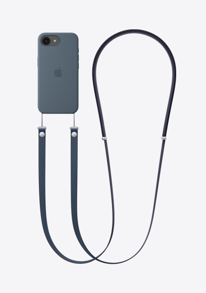 iPhone 17e, back exterior, Black finish, with Anchor Blue Silicone Case with MagSafe and Navy Crossbody Strap attached
