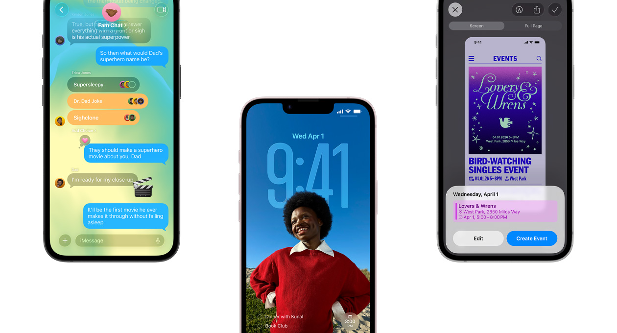 三部 iPhone 17e 機身正面，展示採用 Liquid Glass 設計的訊息 app、動態的鎖定畫面，以及正使用和螢幕截圖功能的日曆行程
