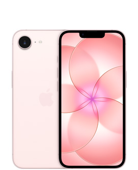 iPhone 17e, parte trasera, color rosado pálido, cámara Fusion en la esquina superior izquierda, logo de Apple en el centro, parte frontal, color rosado pálido, diseño todo pantalla
