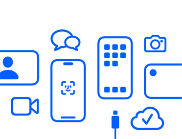 Dispositivos y prestaciones de Apple, iCloud, iPhone con Face ID y cable de carga, Cámara, mensajería, Mensajes.