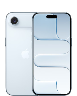 상단의 Fusion 카메라 시스템, 중앙의 Apple 로고가 보이는 스카이 블루 색상 iPhone Air의 뒷면, 상단 중앙의 Dynamic Island가 보이는 스카이 블루 색상 iPhone Air의 앞면