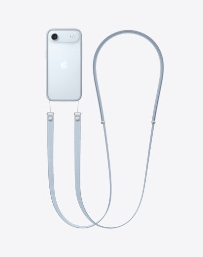 iPhone Airin taustapuoli vaaleanharmaalla suojakehyksellä, johon on kiinnitetty olkahihna