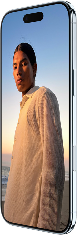 iPhone Airin etupuoli sivusta, täysnäyttö, Dynamic Island yläreunassa, sivupainike, Kamerasäädin-painike