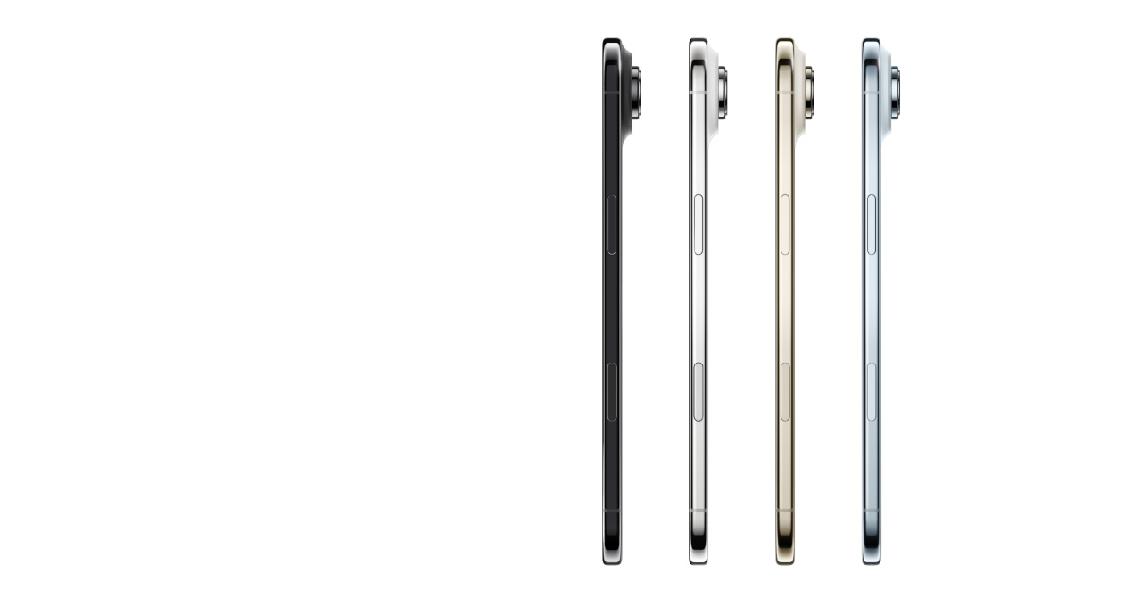 iPhone Air, sivunäkymä, värit: taivaansininen, vaalea kulta, poudanvalkea ja tähtimusta, erittäin ohut profiili, Fusion-kamerajärjestelmä, painikkeet: sivu, Kamerasäädin