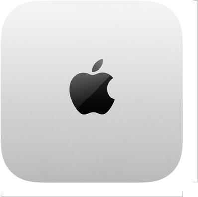 جهاز Mac mini، الجهة العلوية، ألومنيوم فضي، مربع، زوايا مدورة، شعار Apple باللون الأسود اللامع في الوسط
