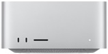 Mac Studio, front, two USB-C ports, SDXC card slot, status indicator light, tapered base at bottom, flat top, rounded sides, straight edges, silver color