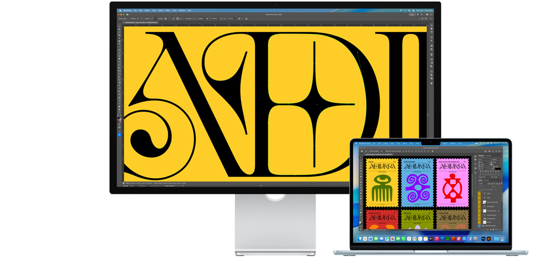 Notebook Mac ao lado do Studio Display mostrando um projeto em vários programas da Adobe. O Studio Display exibe um close de texto preto sobre fundo amarelo intenso. O revestimento antirreflexo ajuda a reduzir o brilho